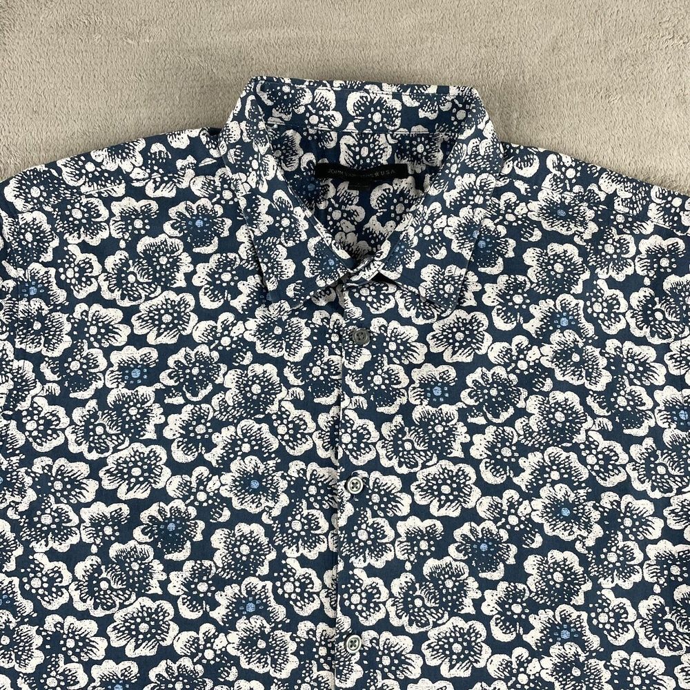 John Varvatos‎ USA Shirt Men Large Blue Floral AOP Short Sleeve Designer Rock